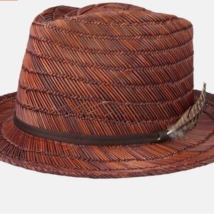 Brixton Brown Woven Straw Fedora with Dark Band and Feather